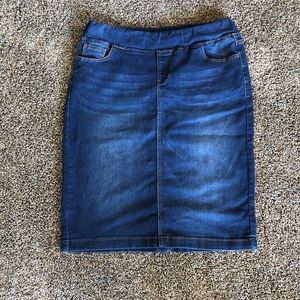 Be-Girl midi dark wash denim skirt.